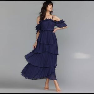Just Me Womens Maxi Sz M Navy Off-Shoulder Ruffle Tiered Dress Gown Wedding Prom